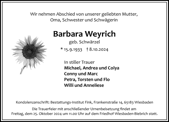 Traueranzeige von Barbara Weyrich von Wiesbadener Kurier