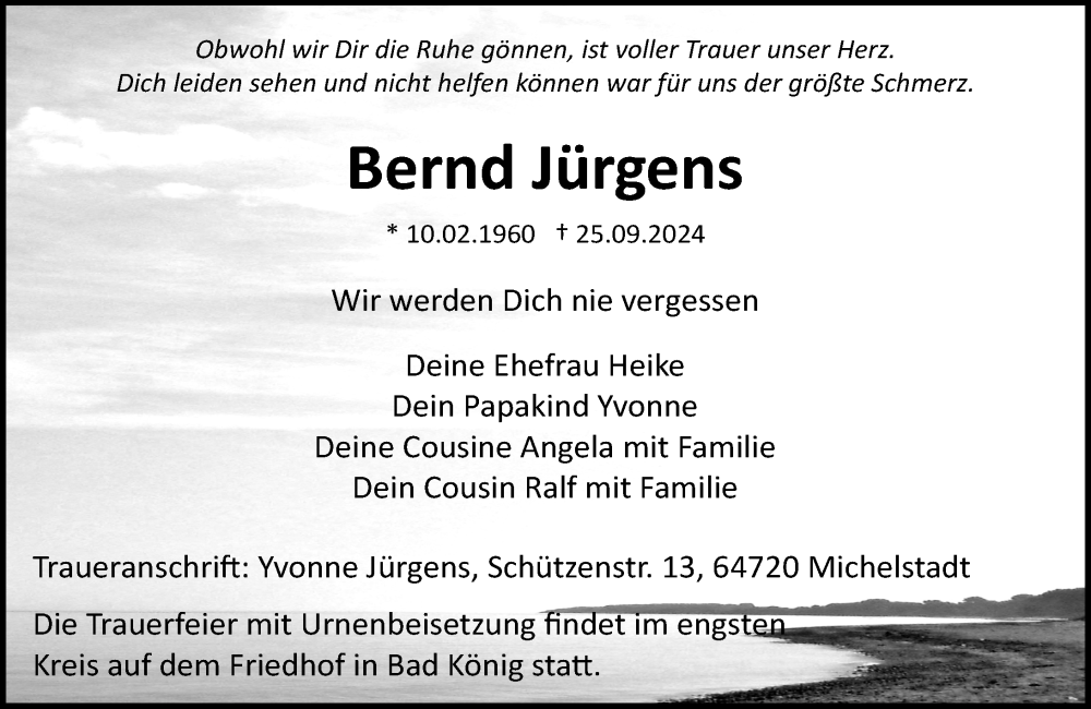  Traueranzeige für Bernd Jürgens vom 12.10.2024 aus Odenwälder Echo