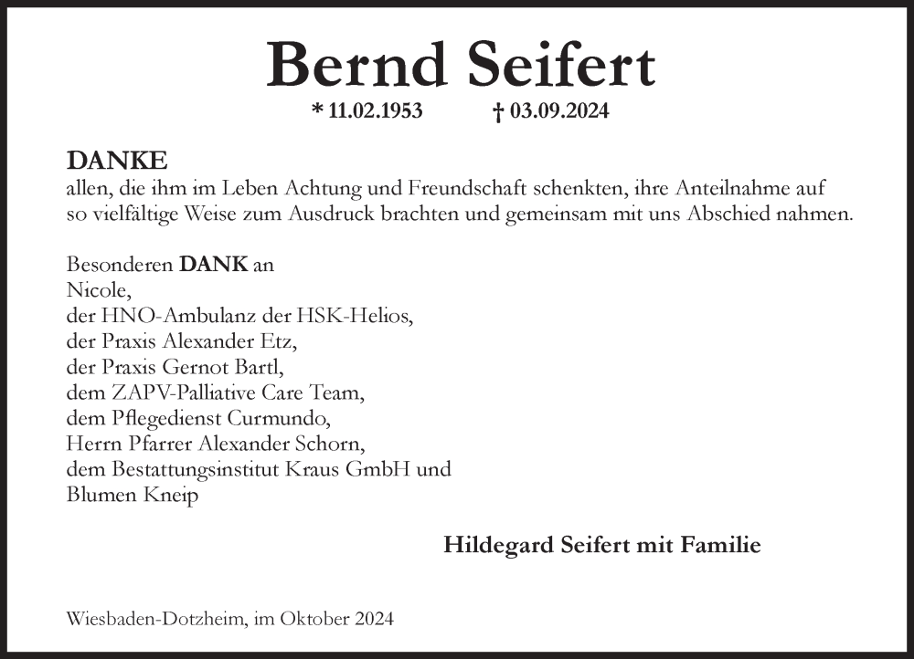  Traueranzeige für Bernd Seifert vom 05.10.2024 aus Wiesbadener Kurier