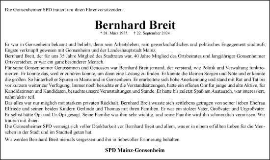 Traueranzeige von Bernhard Breit von Allgemeine Zeitung Mainz