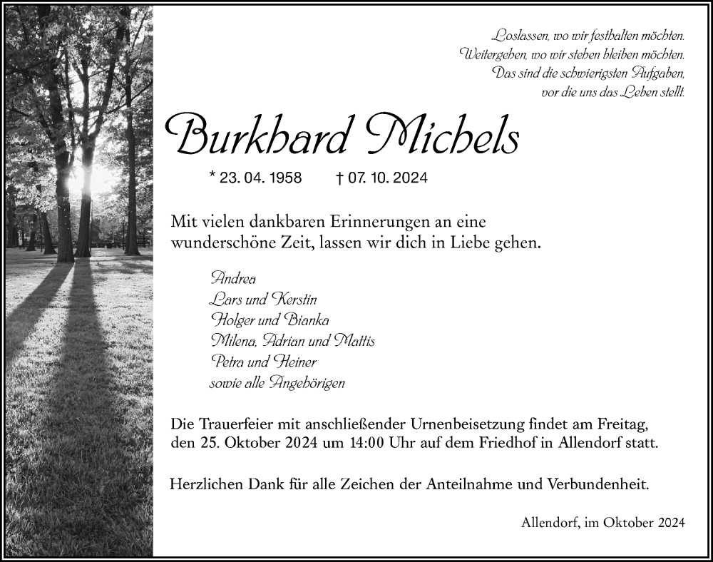  Traueranzeige für Burkhard Michels vom 23.10.2024 aus Weilburger Tageblatt