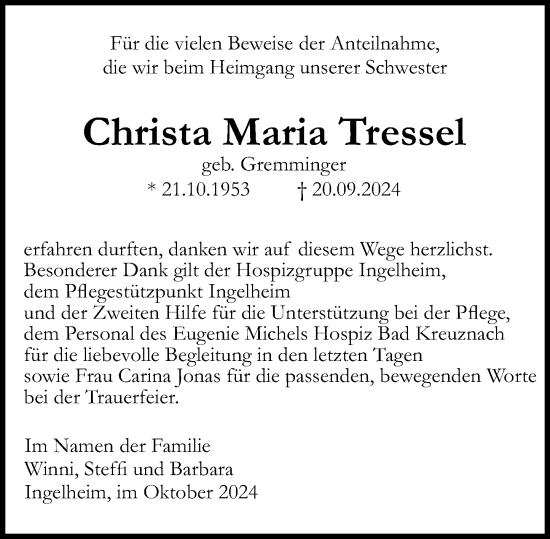 Traueranzeige von Christa Maria Tressel von Allgemeine Zeitung Rheinhessen-Nahe