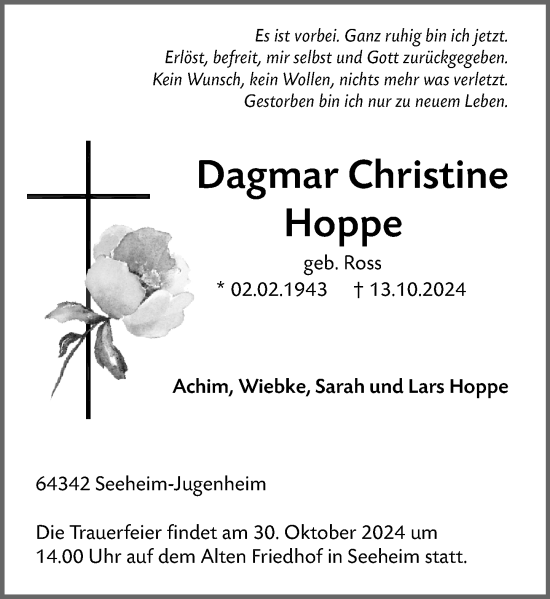 Traueranzeige von Dagmar Christine Hoppe von Darmstädter Echo