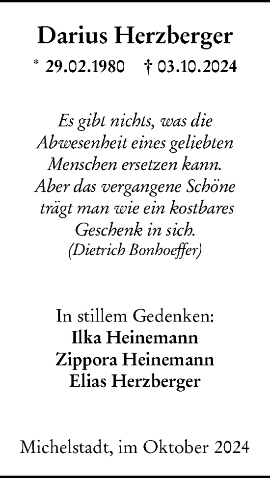 Traueranzeige von Darius Herzberger von Odenwälder Echo