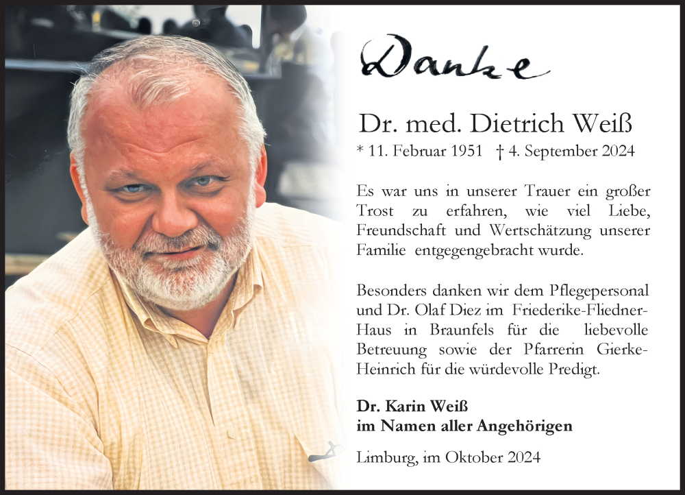  Traueranzeige für Dietrich Weiß vom 12.10.2024 aus Weilburger Tageblatt