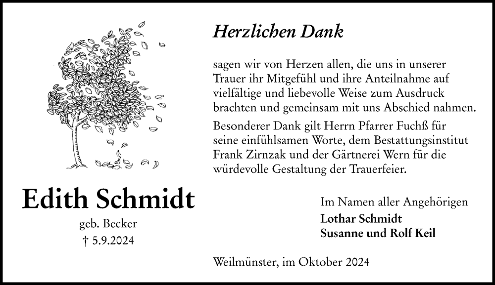  Traueranzeige für Edith Schmidt vom 12.10.2024 aus Weilburger Tageblatt