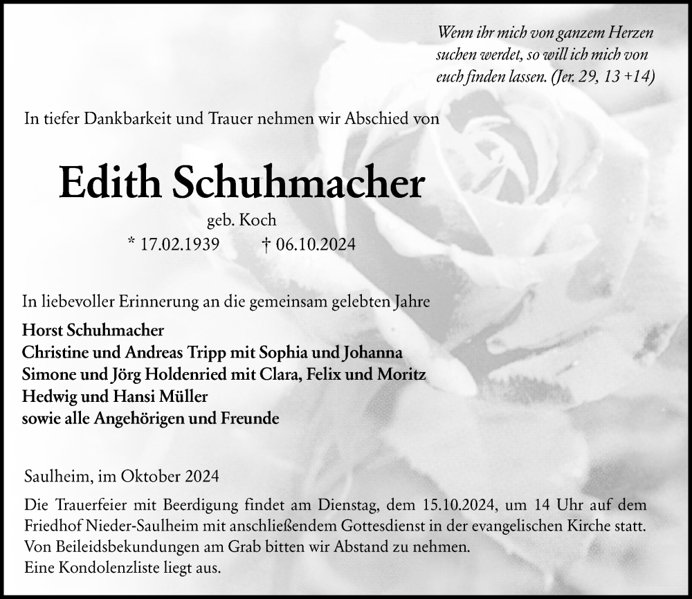  Traueranzeige für Edith Schuhmacher vom 12.10.2024 aus Allgemeine Zeitung Mainz