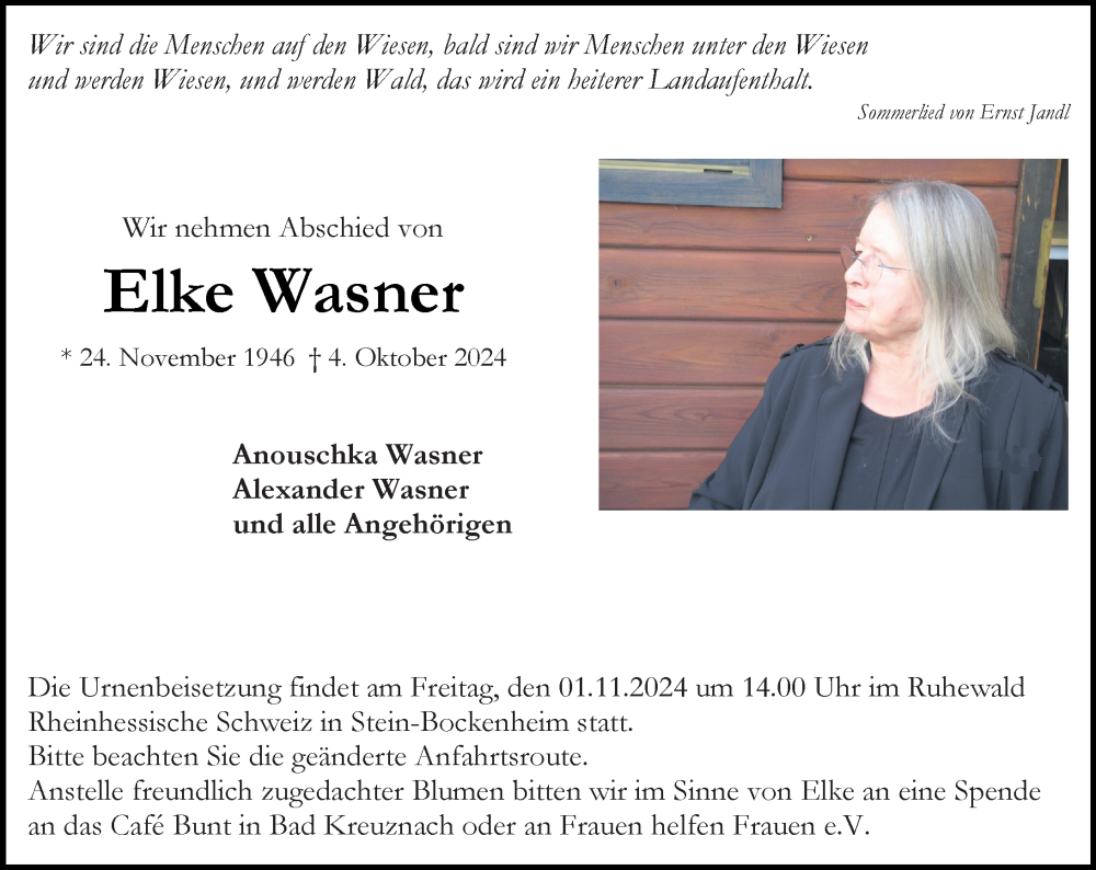  Traueranzeige für Elke Wasner vom 19.10.2024 aus Allgemeine Zeitung Rheinhessen-Nahe