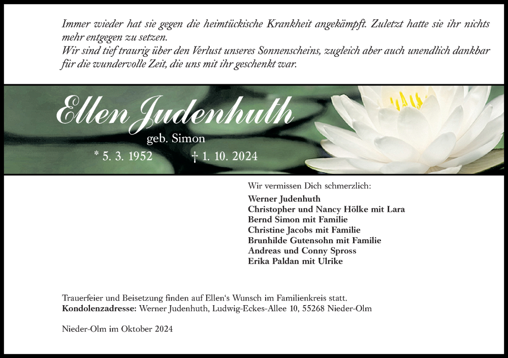  Traueranzeige für Ellen Judenhuth vom 05.10.2024 aus Allgemeine Zeitung Mainz