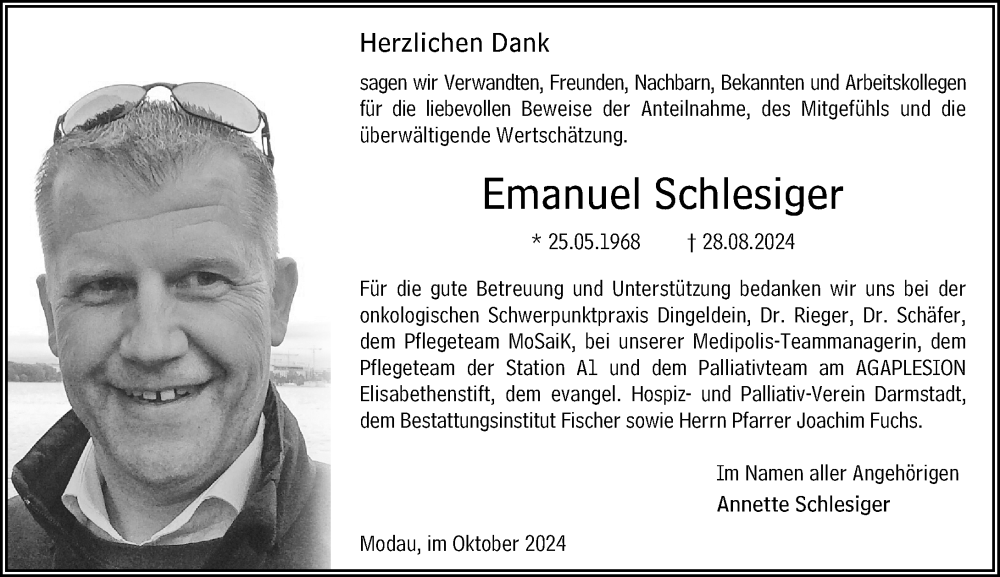  Traueranzeige für Emanuel Schlesiger vom 12.10.2024 aus Darmstädter Echo