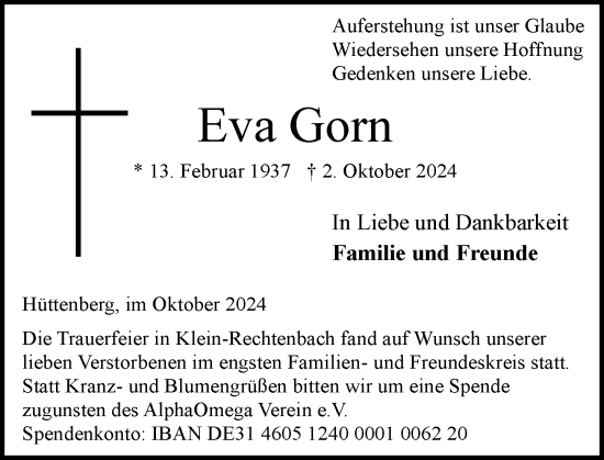 Traueranzeige von Eva Gorn von Wetzlarer Neue Zeitung