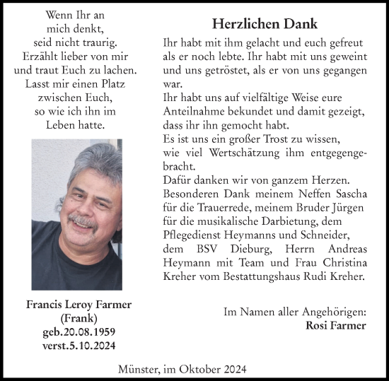 Traueranzeige von Francis Leroy Farmer von Dieburger Anzeiger/Groß-Zimmerner Lokal-Anzeiger