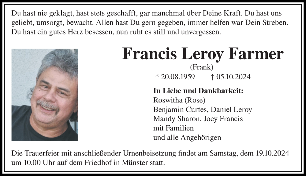  Traueranzeige für Francis Leroy Farmer vom 12.10.2024 aus Dieburger Anzeiger/Groß-Zimmerner Lokal-Anzeiger
