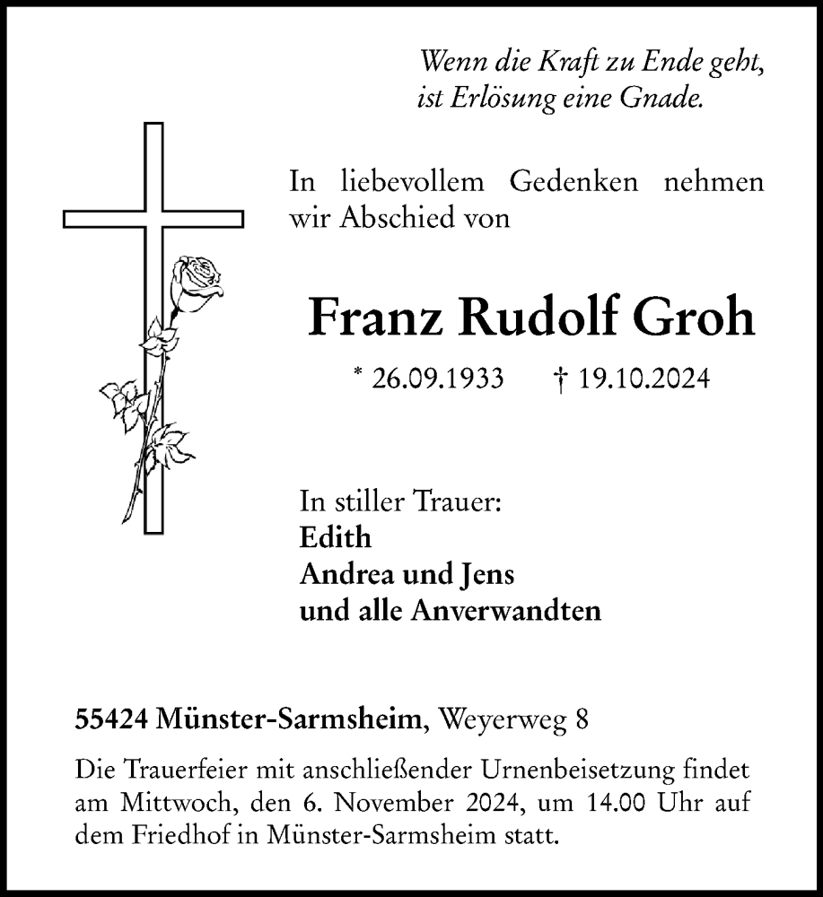 Traueranzeige für Franz Rudolf Groh vom 26.10.2024 aus Allgemeine Zeitung Rheinhessen-Nahe