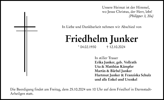 Traueranzeige von Friedhelm Junker von Darmstädter Echo