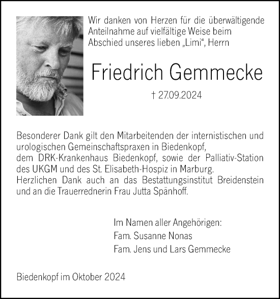 Traueranzeige von Friedrich Gemmecke von Hinterländer Anzeiger