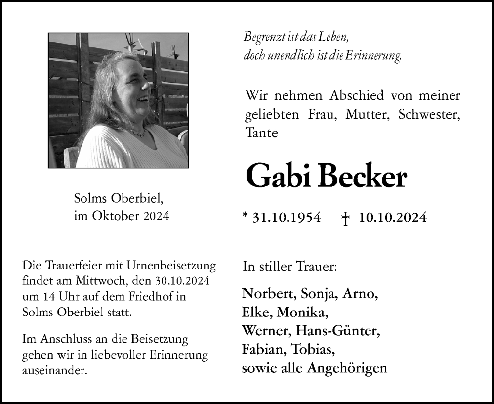  Traueranzeige für Gabriele Becker vom 19.10.2024 aus Wetzlarer Neue Zeitung