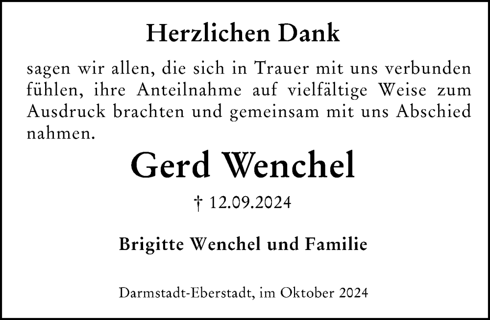  Traueranzeige für Gerd Wenchel vom 05.10.2024 aus Darmstädter Echo