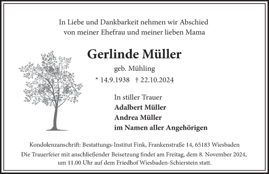 Traueranzeige von Gerlinde Müller von Wiesbadener Kurier