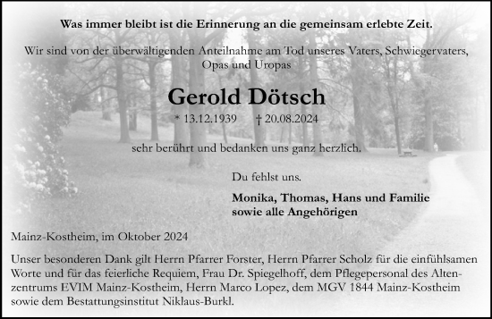 Traueranzeige von Gerold Dötsch von Allgemeine Zeitung Mainz