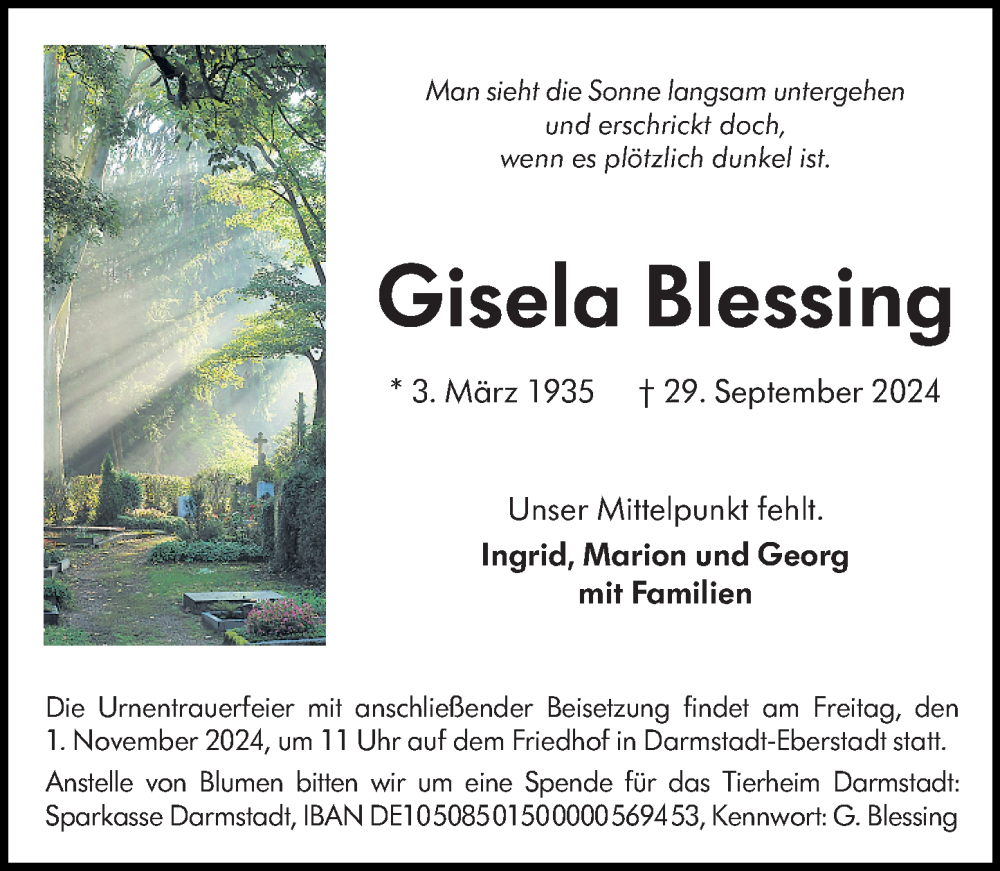  Traueranzeige für Gisela Blessing vom 12.10.2024 aus Darmstädter Echo