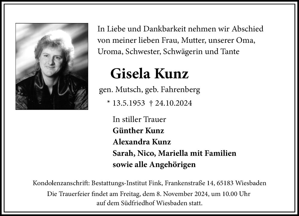  Traueranzeige für Gisela Kunz vom 26.10.2024 aus Wiesbadener Kurier