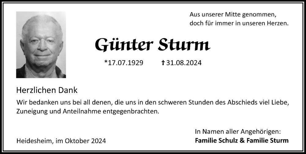  Traueranzeige für Günter Sturm vom 12.10.2024 aus Allgemeine Zeitung Rheinhessen-Nahe