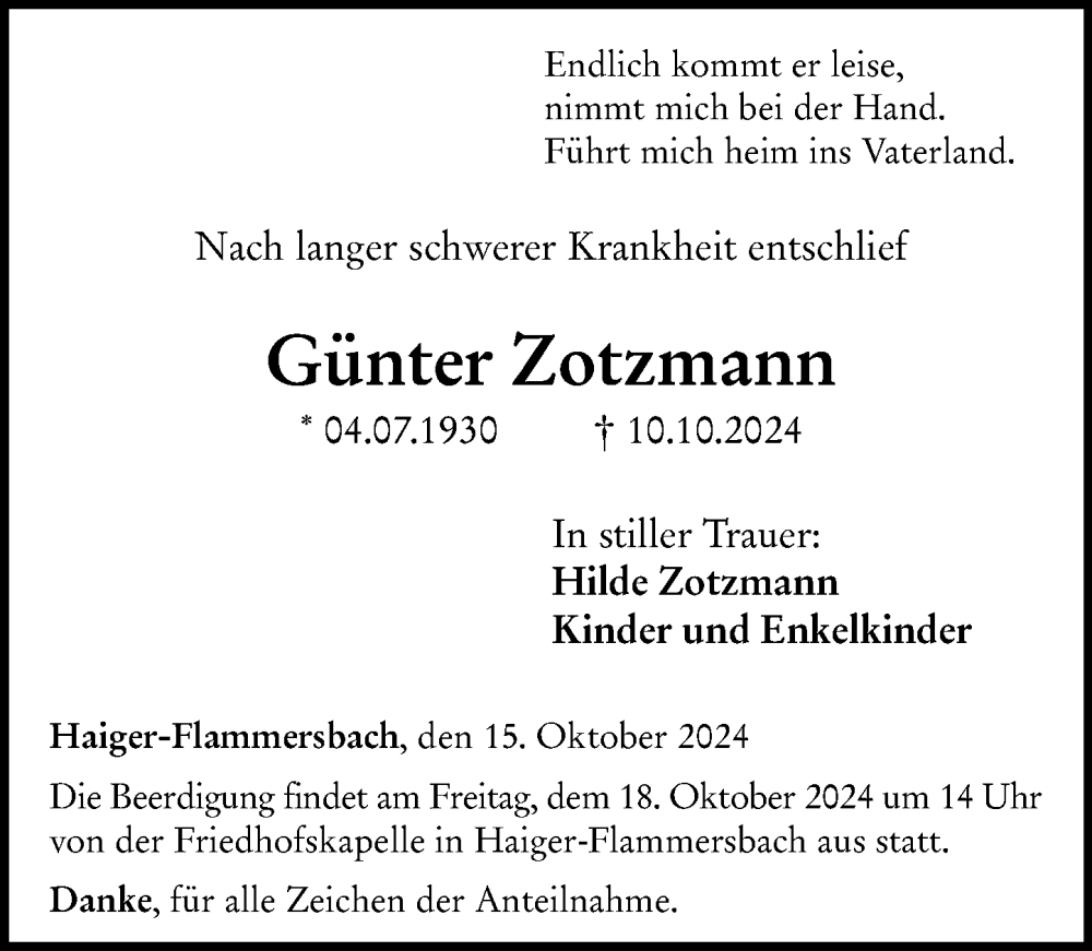  Traueranzeige für Günter Zotzmann vom 15.10.2024 aus Dill Block