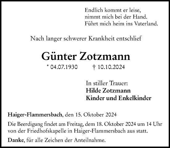 Traueranzeige von Günter Zotzmann von Dill Block