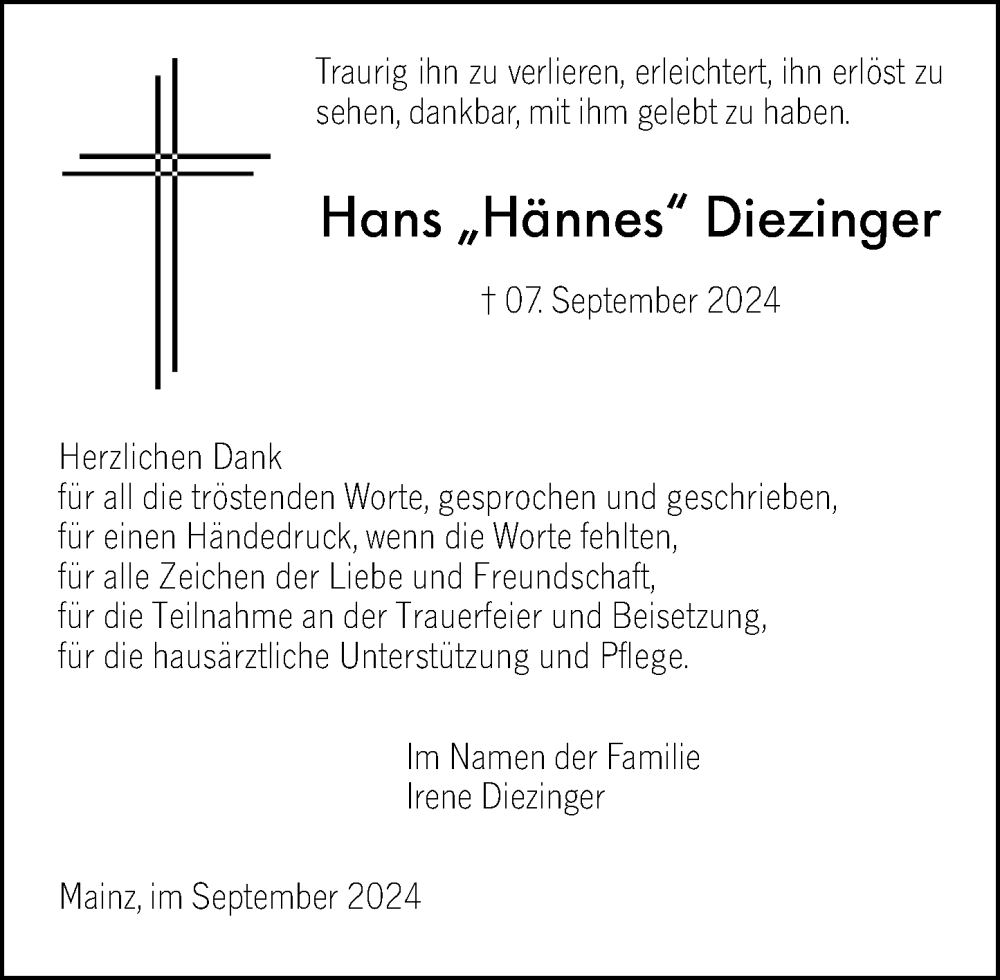  Traueranzeige für Hans Diezinger vom 05.10.2024 aus Allgemeine Zeitung Mainz