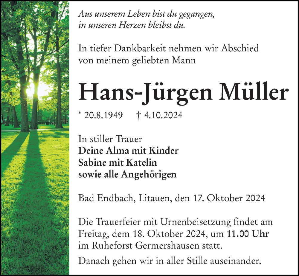  Traueranzeige für Hans-Jürgen Müller vom 17.10.2024 aus Hinterländer Anzeiger