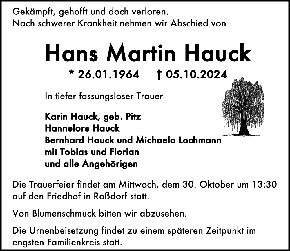  Traueranzeige für Hans Martin Hauck vom 26.10.2024 aus Darmstädter Echo