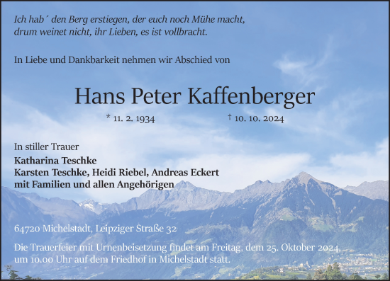 Traueranzeige von Hans Peter Kaffenberger von Odenwälder Echo