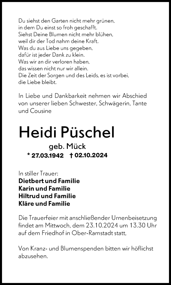  Traueranzeige für Heidi Püschel vom 16.10.2024 aus Darmstädter Echo