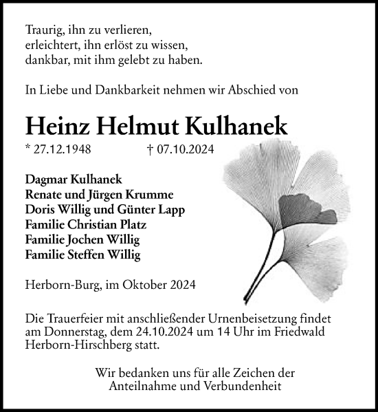 Traueranzeige von Heinz Helmut Kulhanek von Dill Block