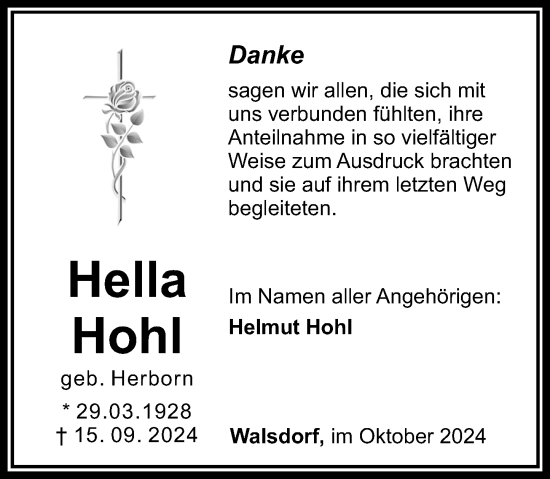 Traueranzeige von Hella Hohl von Camberger Anzeiger