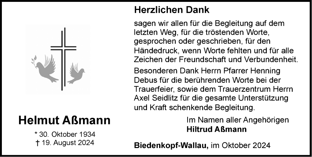  Traueranzeige für Helmut Aßmann vom 11.10.2024 aus Hinterländer Anzeiger