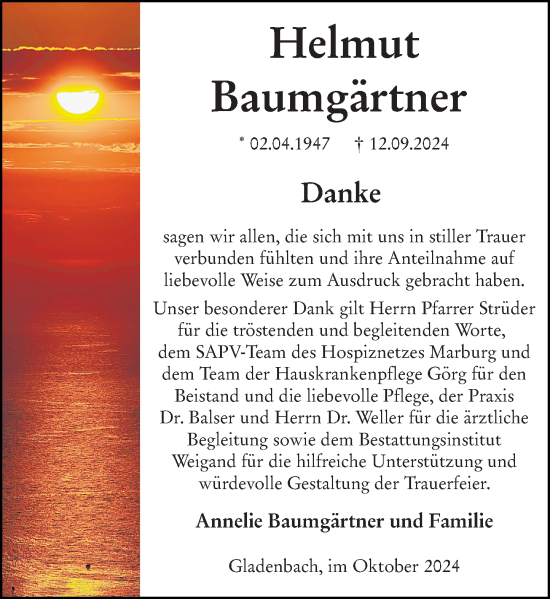 Traueranzeige von Helmut Baumgärtner von Hinterländer Anzeiger