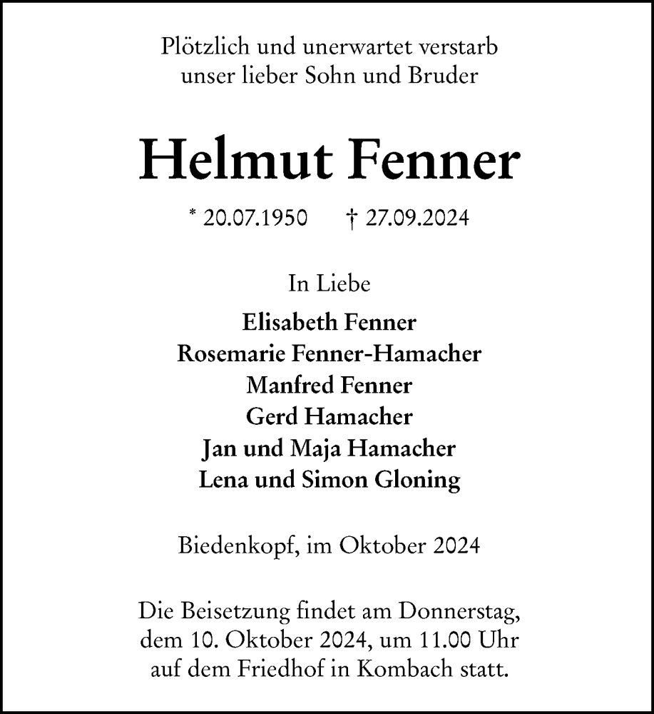  Traueranzeige für Helmut Fenner vom 07.10.2024 aus Hinterländer Anzeiger
