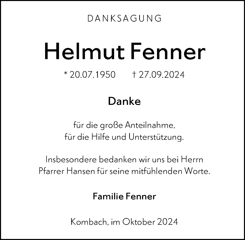  Traueranzeige für Helmut Fenner vom 24.10.2024 aus Hinterländer Anzeiger