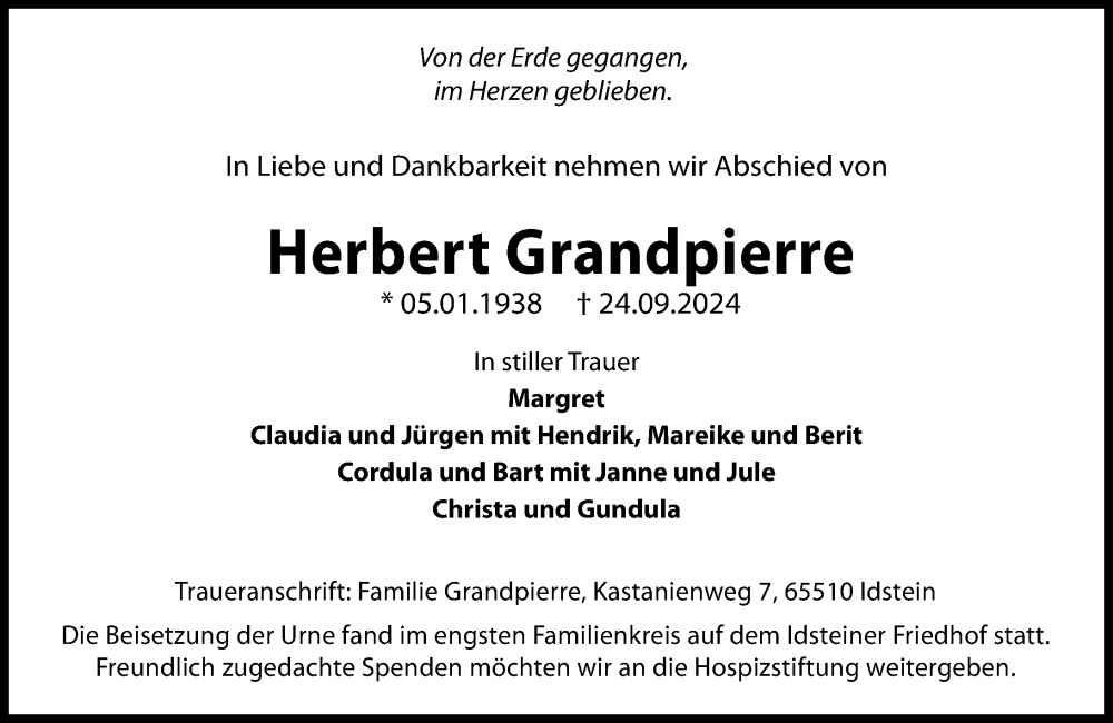  Traueranzeige für Herbert Grandpierre vom 05.10.2024 aus Idsteiner Land/Untertaunus