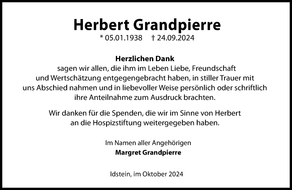  Traueranzeige für Herbert Grandpierre vom 26.10.2024 aus Idsteiner Land/Untertaunus