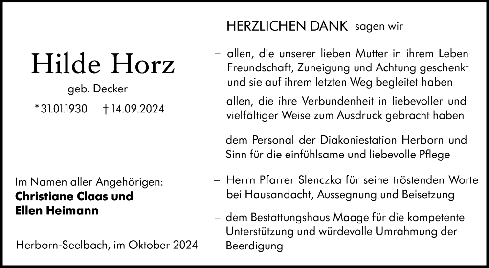  Traueranzeige für Hilde Horz vom 12.10.2024 aus Dill Block