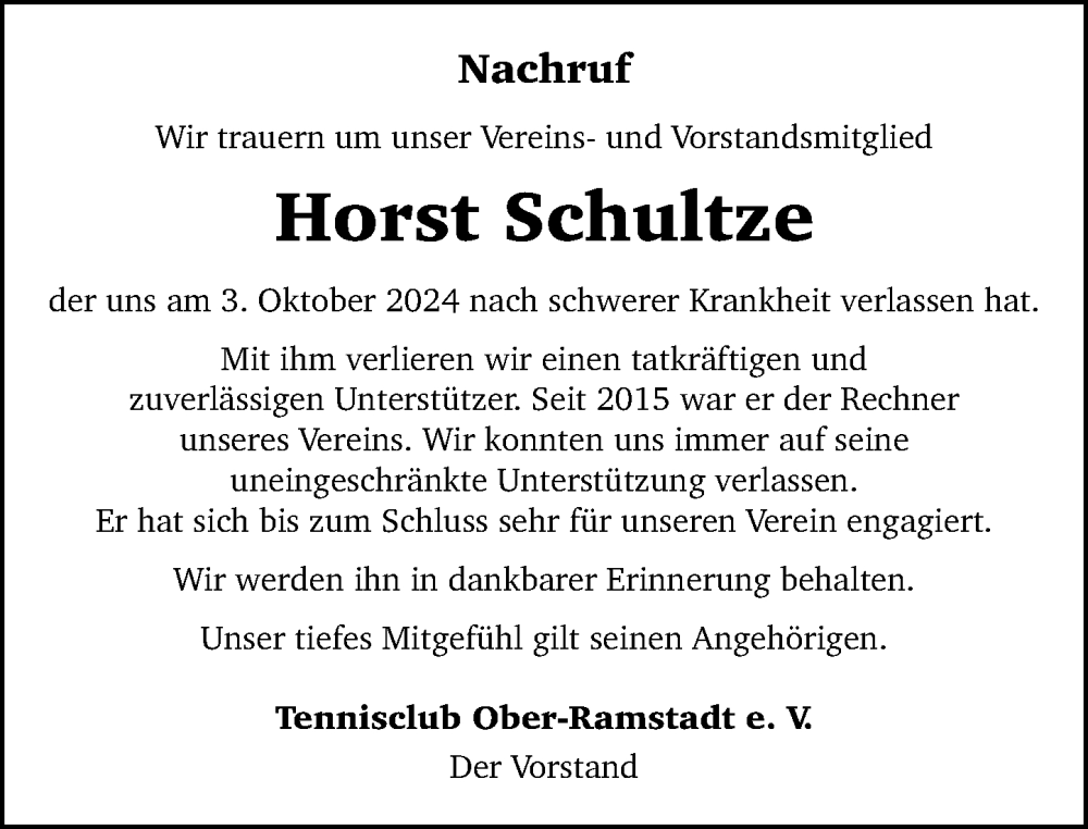  Traueranzeige für Horst Schultze vom 26.10.2024 aus Darmstädter Echo