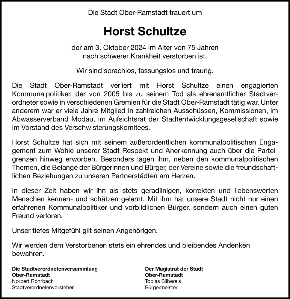  Traueranzeige für Horst Schultze vom 19.10.2024 aus Darmstädter Echo