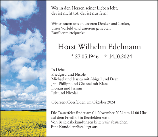 Traueranzeige von Horst Wilhelm Edelmann von Odenwälder Echo