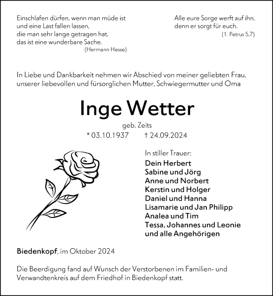 Traueranzeige von Inge Wetter von Hinterländer Anzeiger