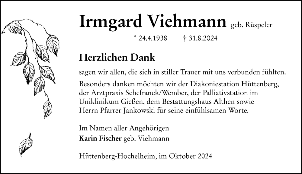 Traueranzeige für Irmgard Viehmann vom 10.10.2024 aus Wetzlarer Neue Zeitung