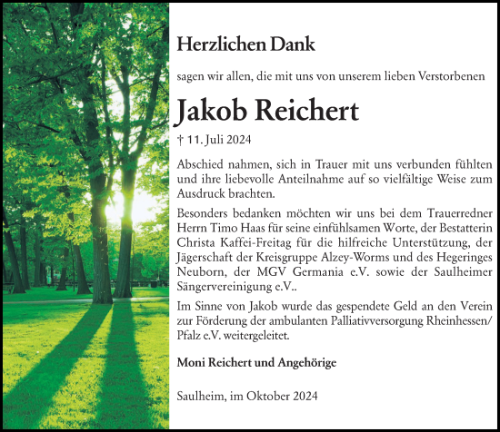 Traueranzeige von Jakob Reichert von Allgemeine Zeitung Alzey