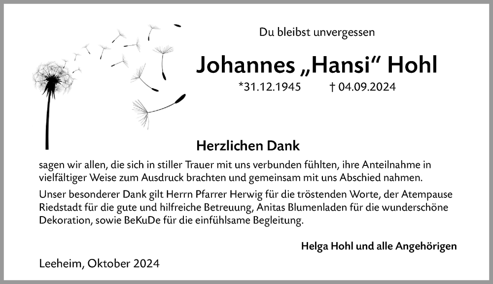  Traueranzeige für Johannes Hohl vom 05.10.2024 aus Groß-Gerauer Echo